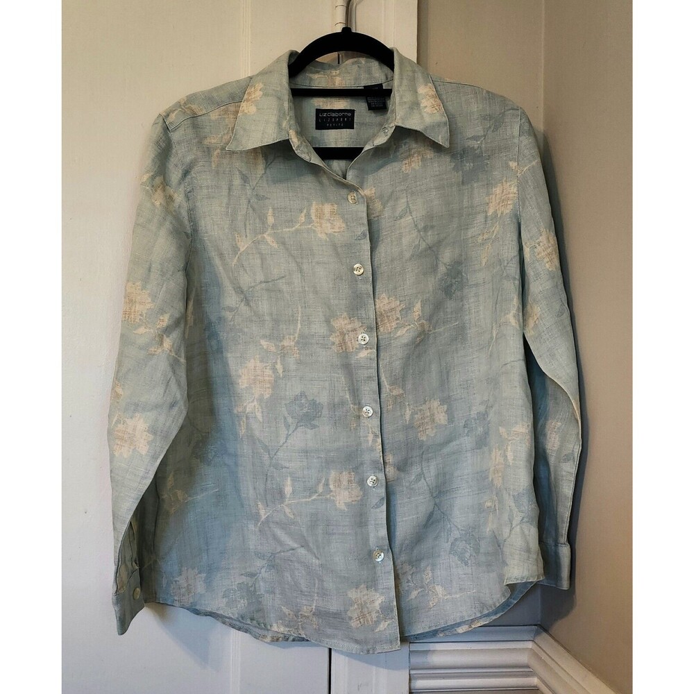 Liz Claiborne Petite Linen Floral Button Long Sleeve Shirt Women's Size 8P